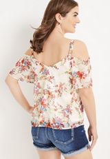 Floral Cold Shoulder Top, SOFT WHITE COMBO, small