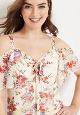Floral Cold Shoulder Top, SOFT WHITE COMBO, small