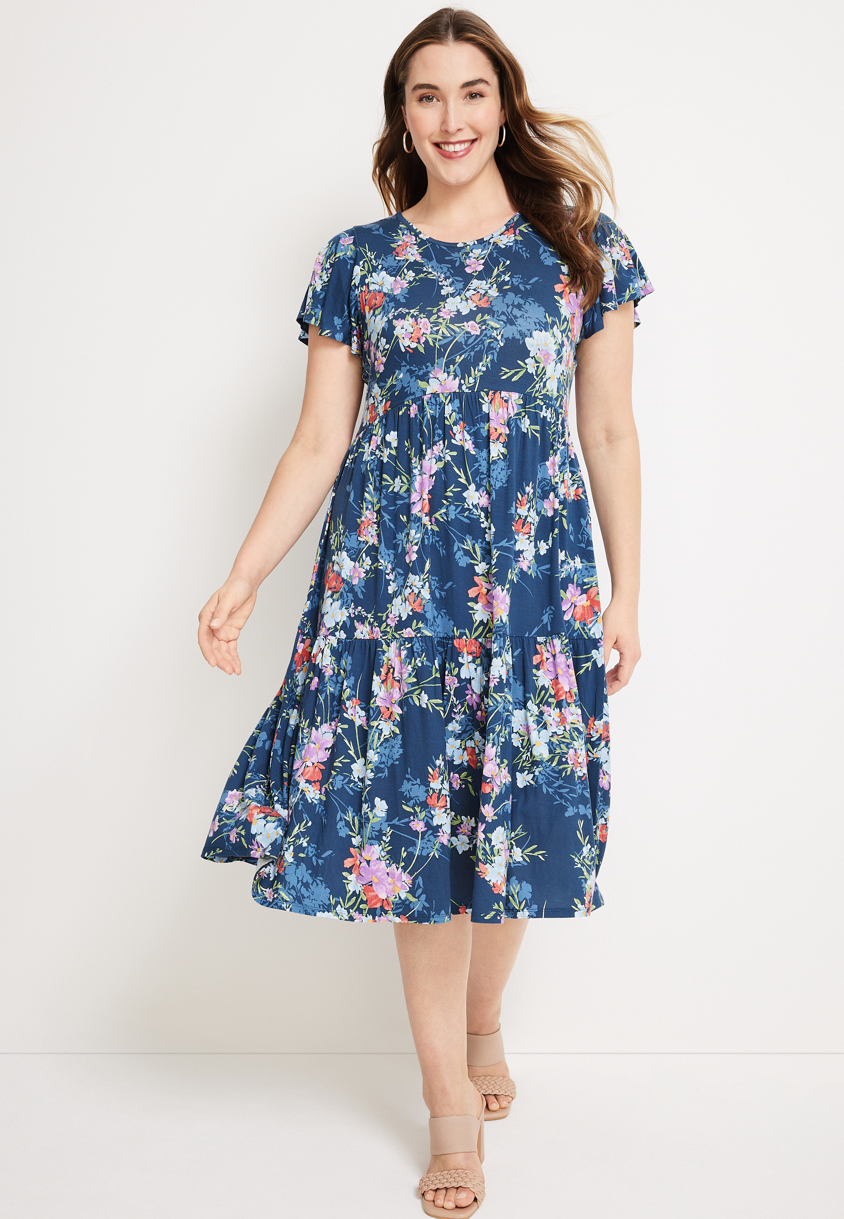 24/7 Plus Size Floral Flutter Sleeve Tiered Midi Dress | maurices