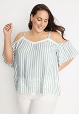 Plus Size Embroidered Stripe Cold Shoulder Top, BLUE COMBO, small