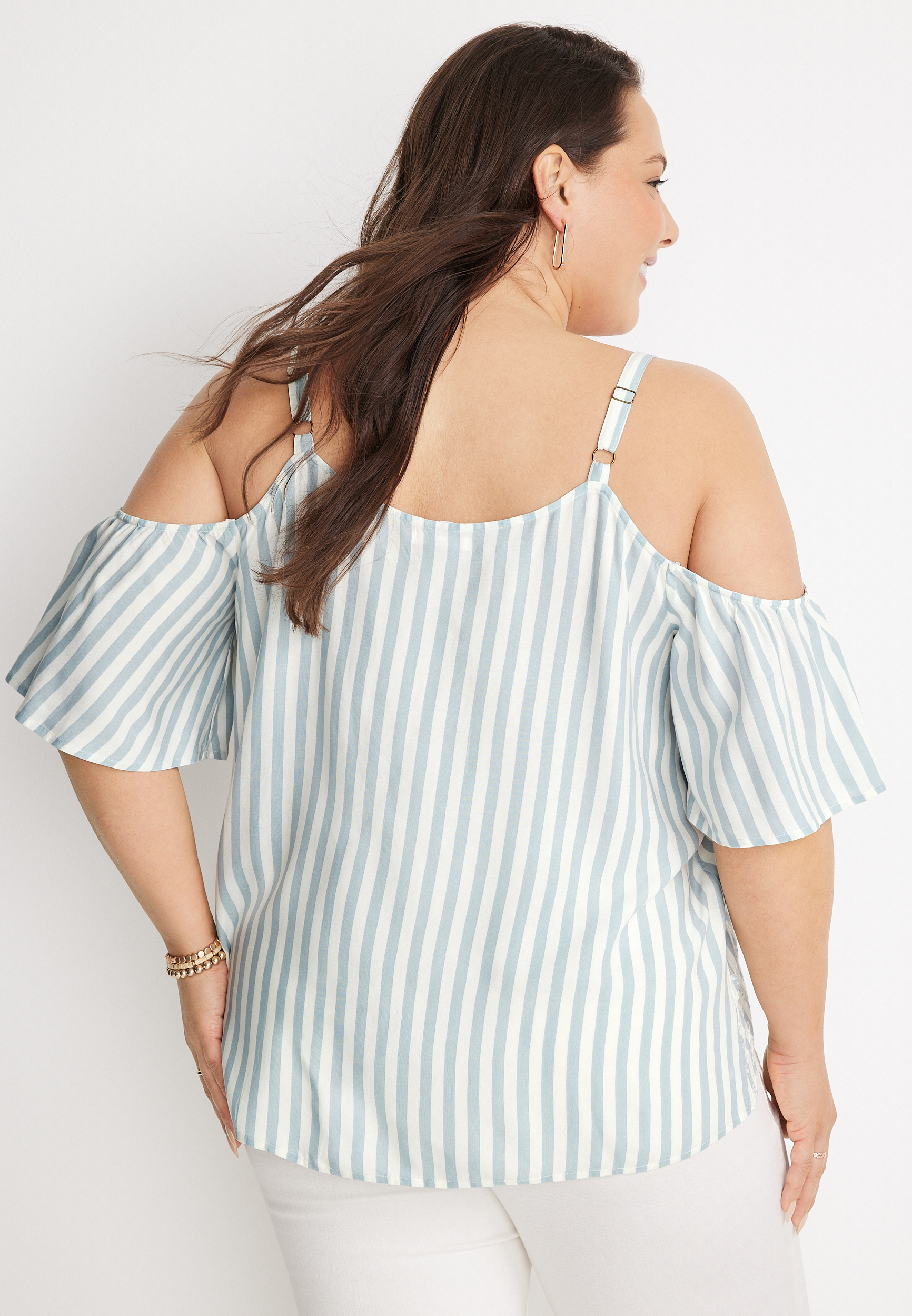 Plus Size Embroidered Stripe Cold Shoulder Top, BLUE COMBO, large
