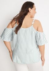 Plus Size Embroidered Stripe Cold Shoulder Top, BLUE COMBO, small