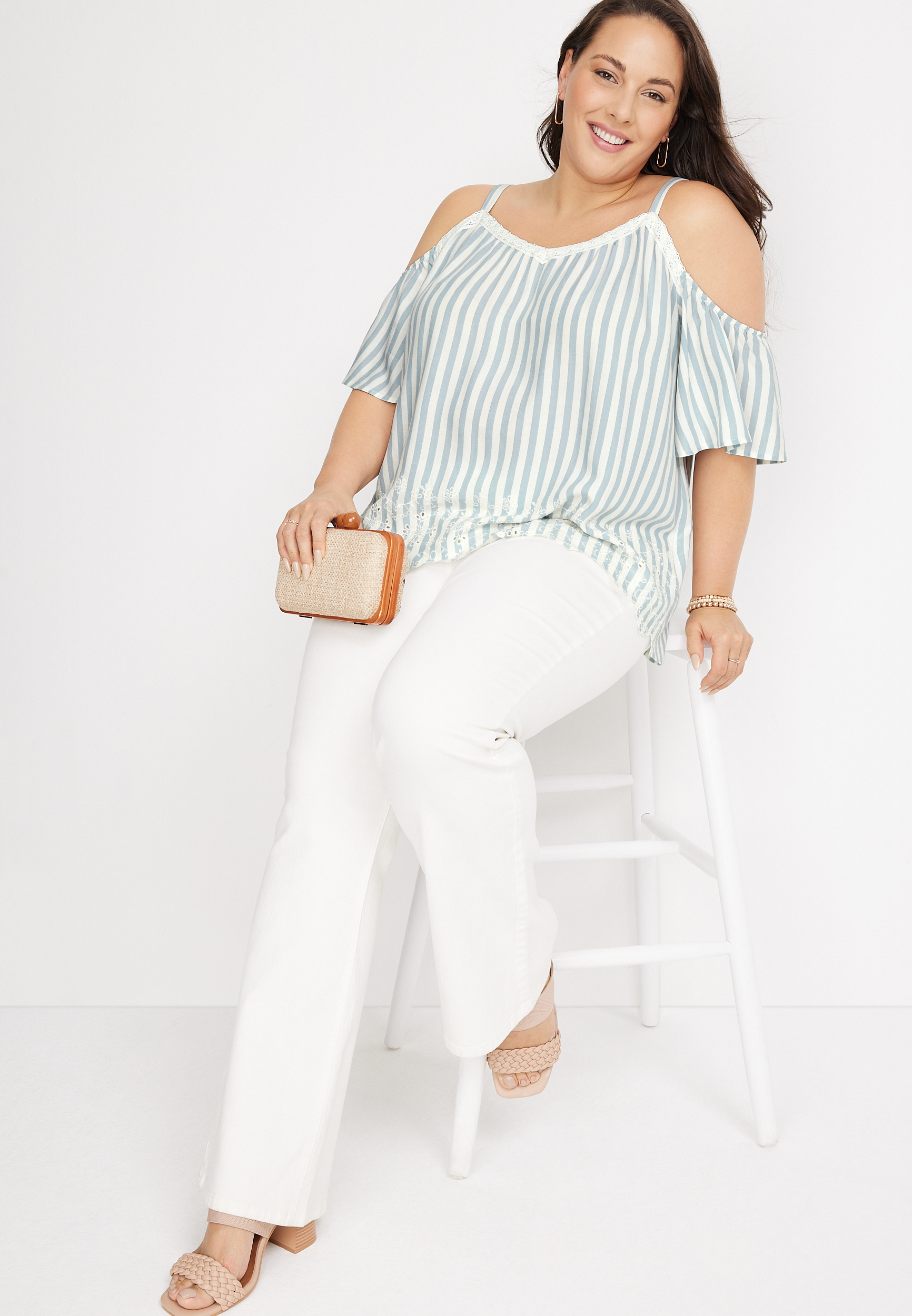 Plus Size Embroidered Stripe Cold Shoulder Top, BLUE COMBO, large