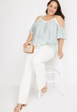 Plus Size Embroidered Stripe Cold Shoulder Top, BLUE COMBO, small