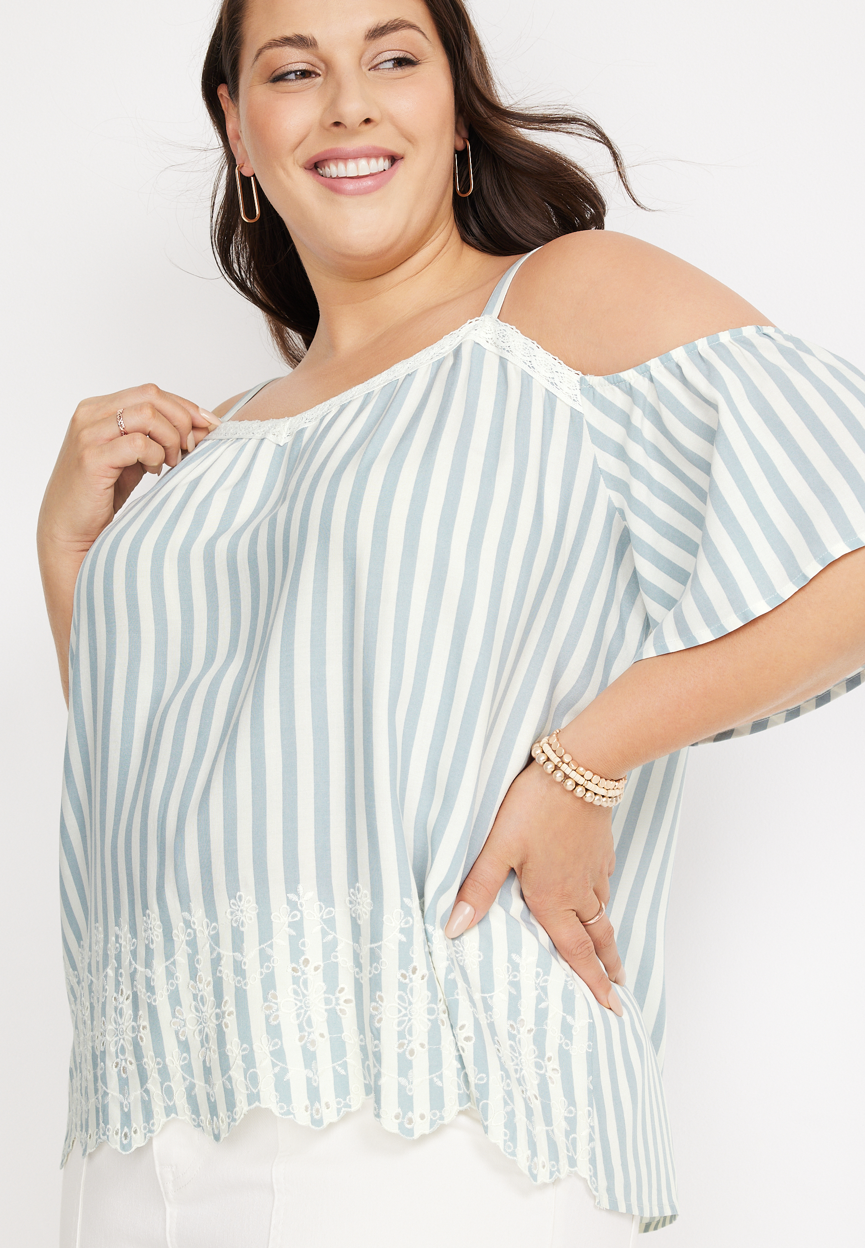 Plus Size Embroidered Stripe Cold Shoulder Top, BLUE COMBO, large