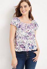Floral Smocked Button Front Blouse, SOFT WHITE COMBO, small