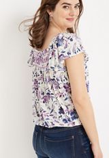 Floral Smocked Button Front Blouse, SOFT WHITE COMBO, small