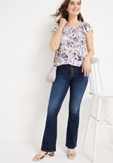 Floral Smocked Button Front Blouse, SOFT WHITE COMBO, small