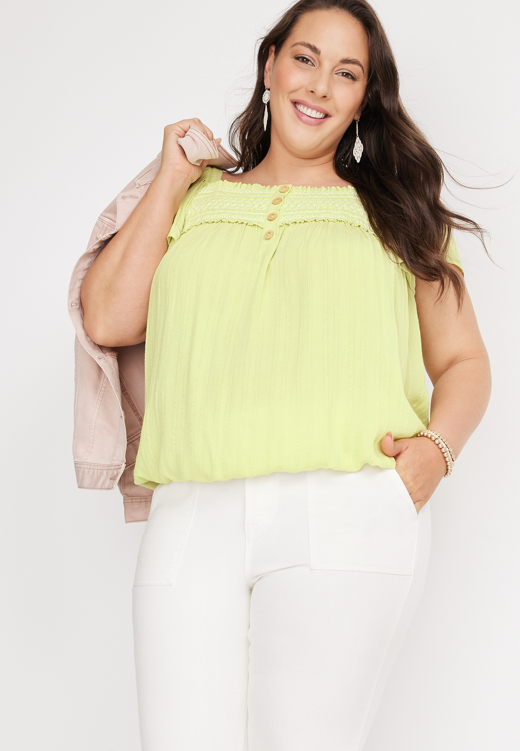 Plus Size Smocked Button Front Blouse, C4939, large