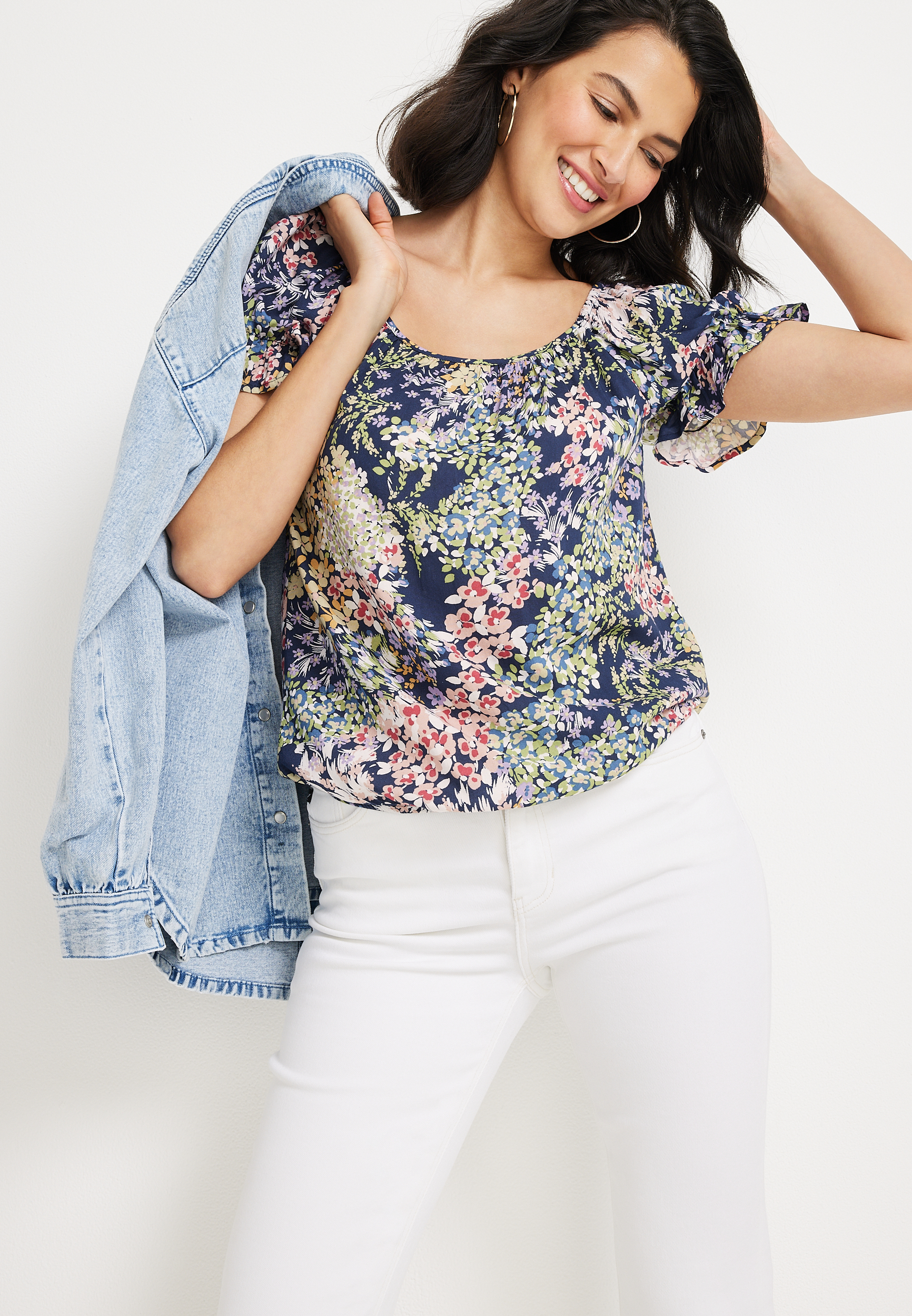 Floral Bubble Hem Blouse, C2754, large