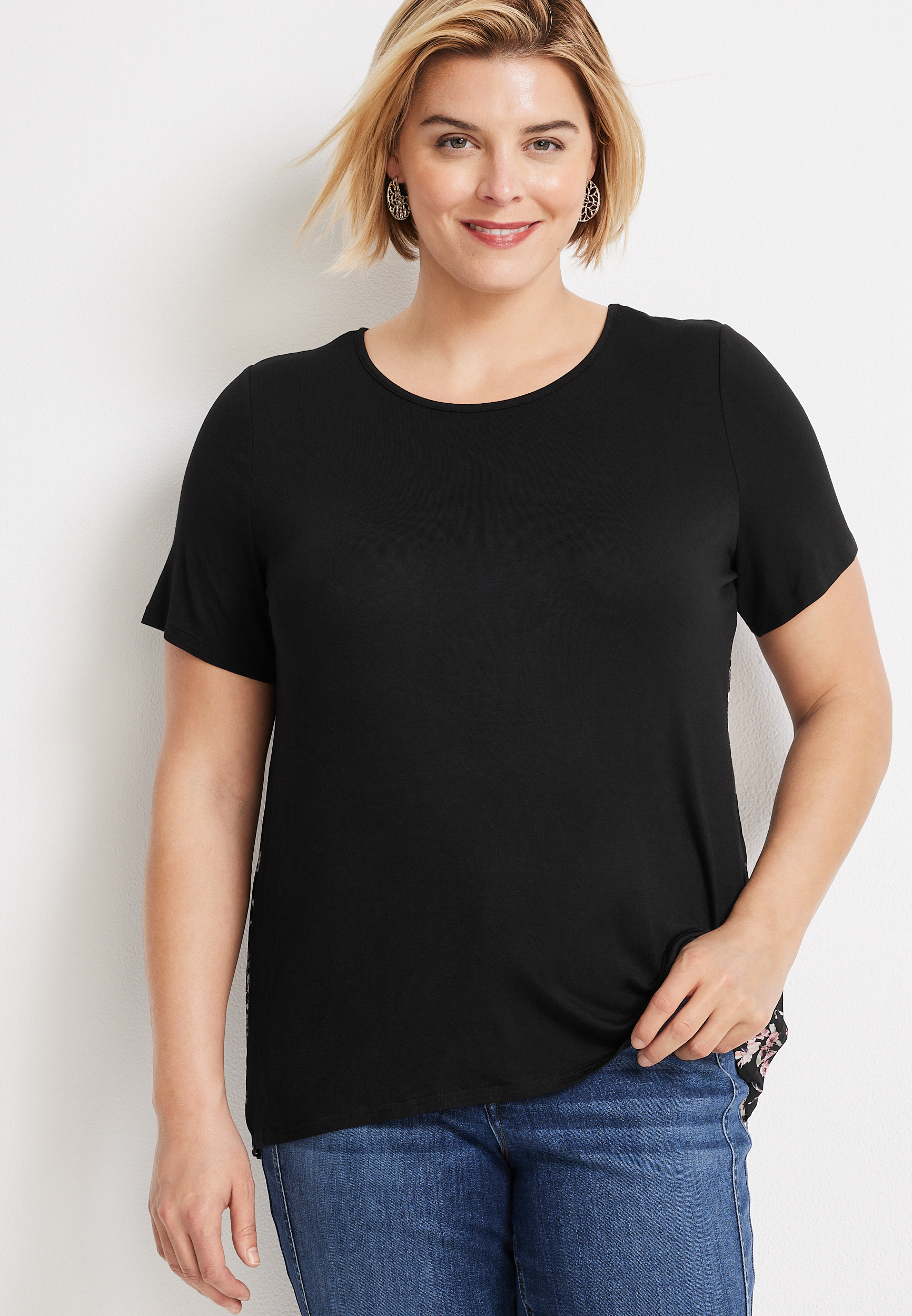 Plus Size Black Floral Pleated Back Top | maurices