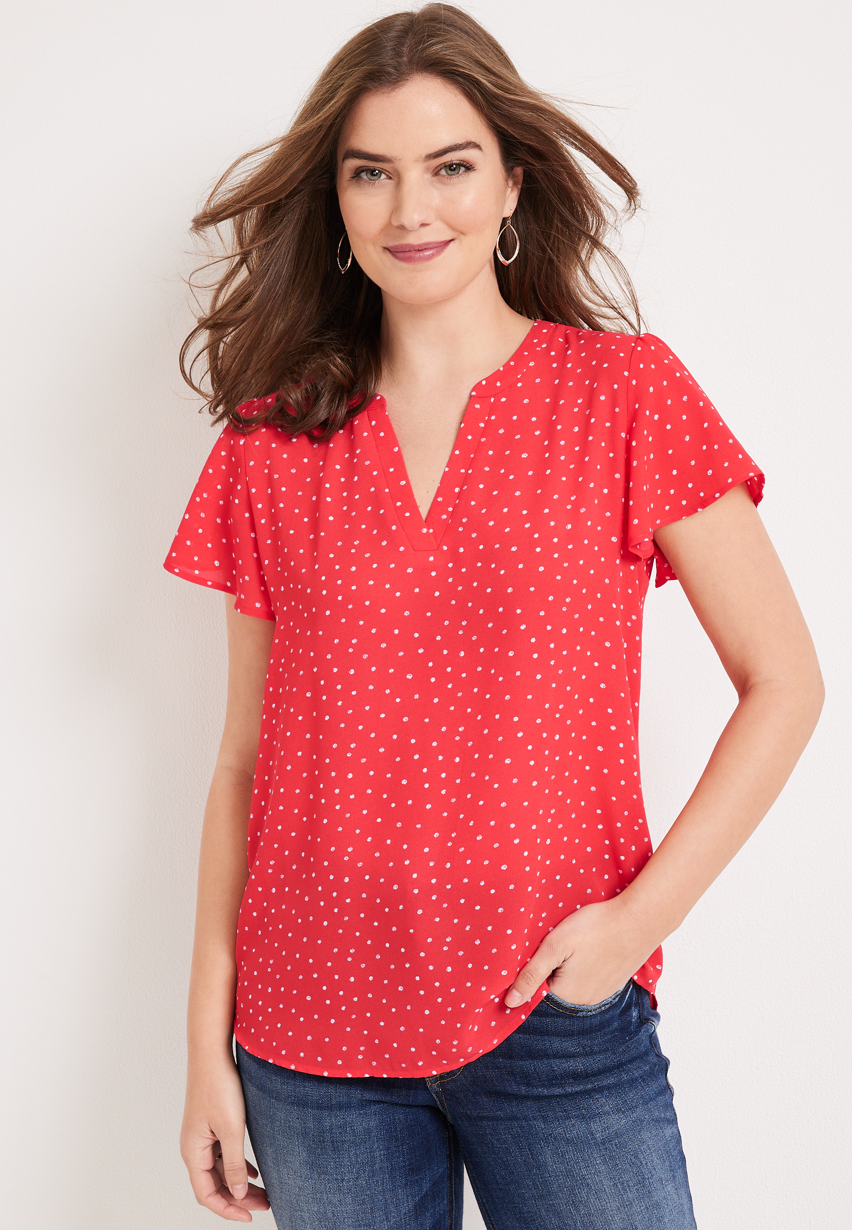 Atwood Polka Dot Flutter Sleeve Blouse | maurices