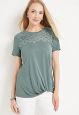 Lace Trim Knot Hem Tee, C6740, small