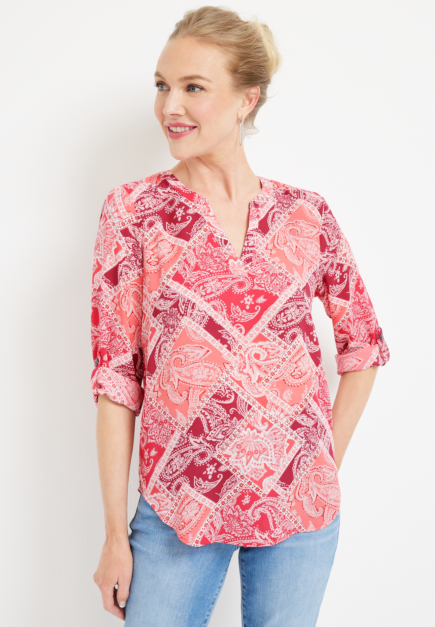 Atwood Paisley Patchwork 3/4 Sleeve Popover Blouse | maurices