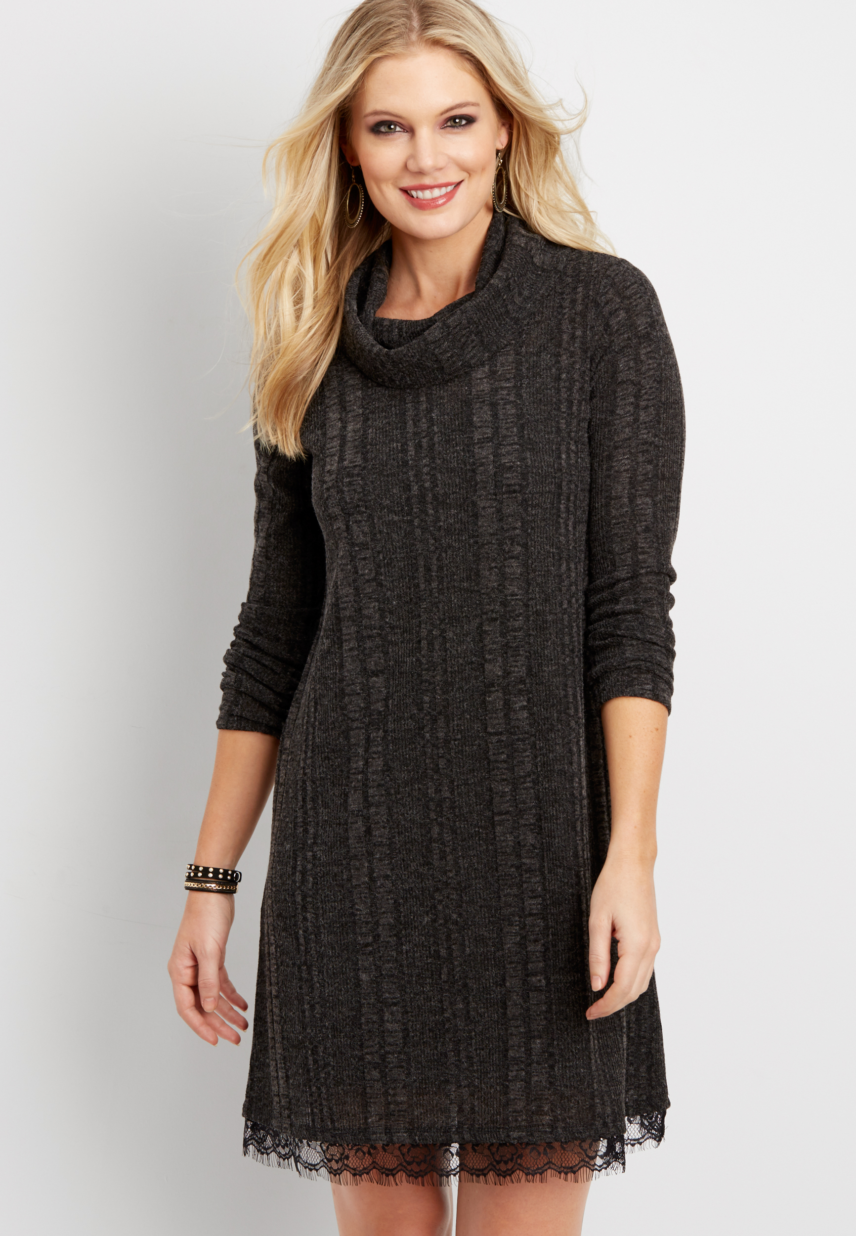 sweater dress with cowl neck and lace bottom hem | maurices