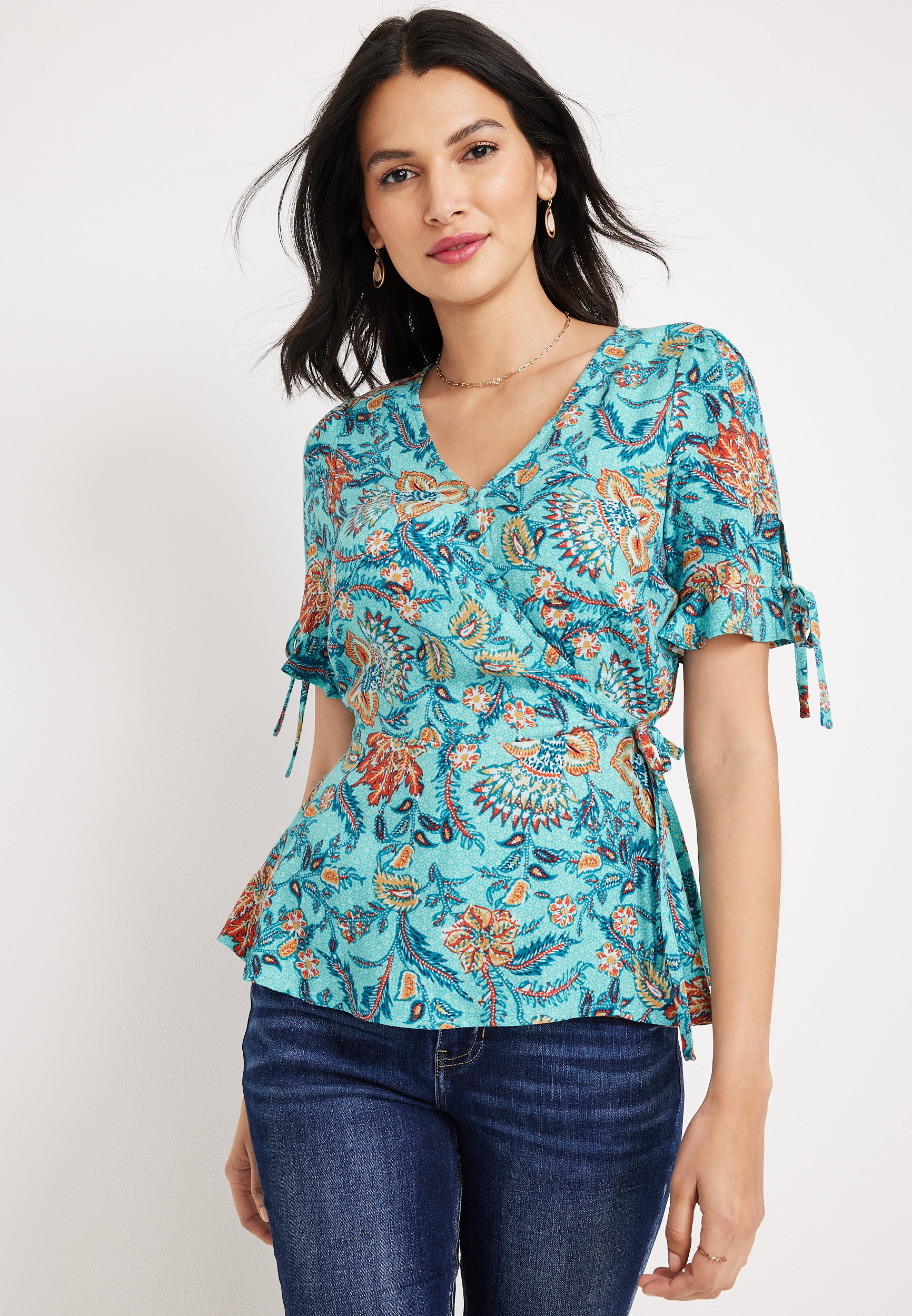 Floral Wrap Tie Peplum Top | maurices