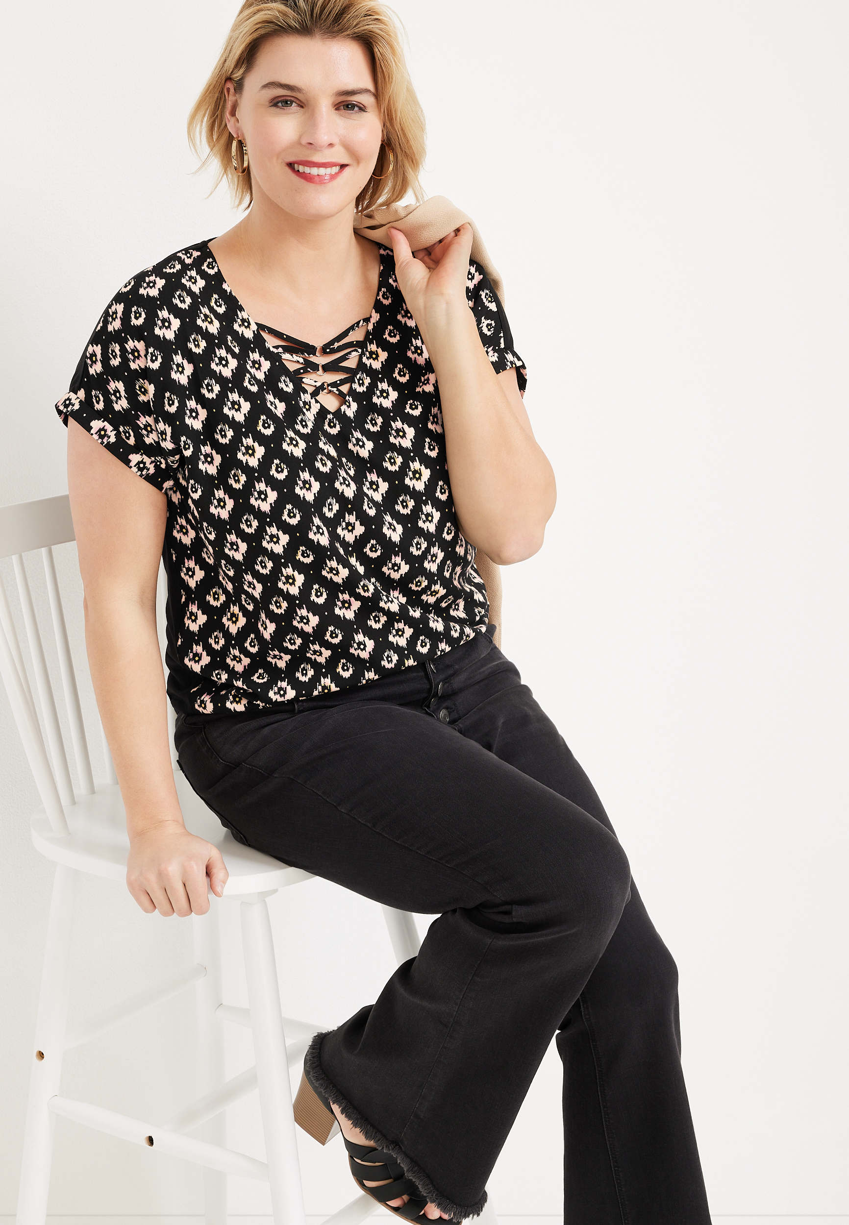 Plus Size Ikat Bubble Hem Blouse, , large