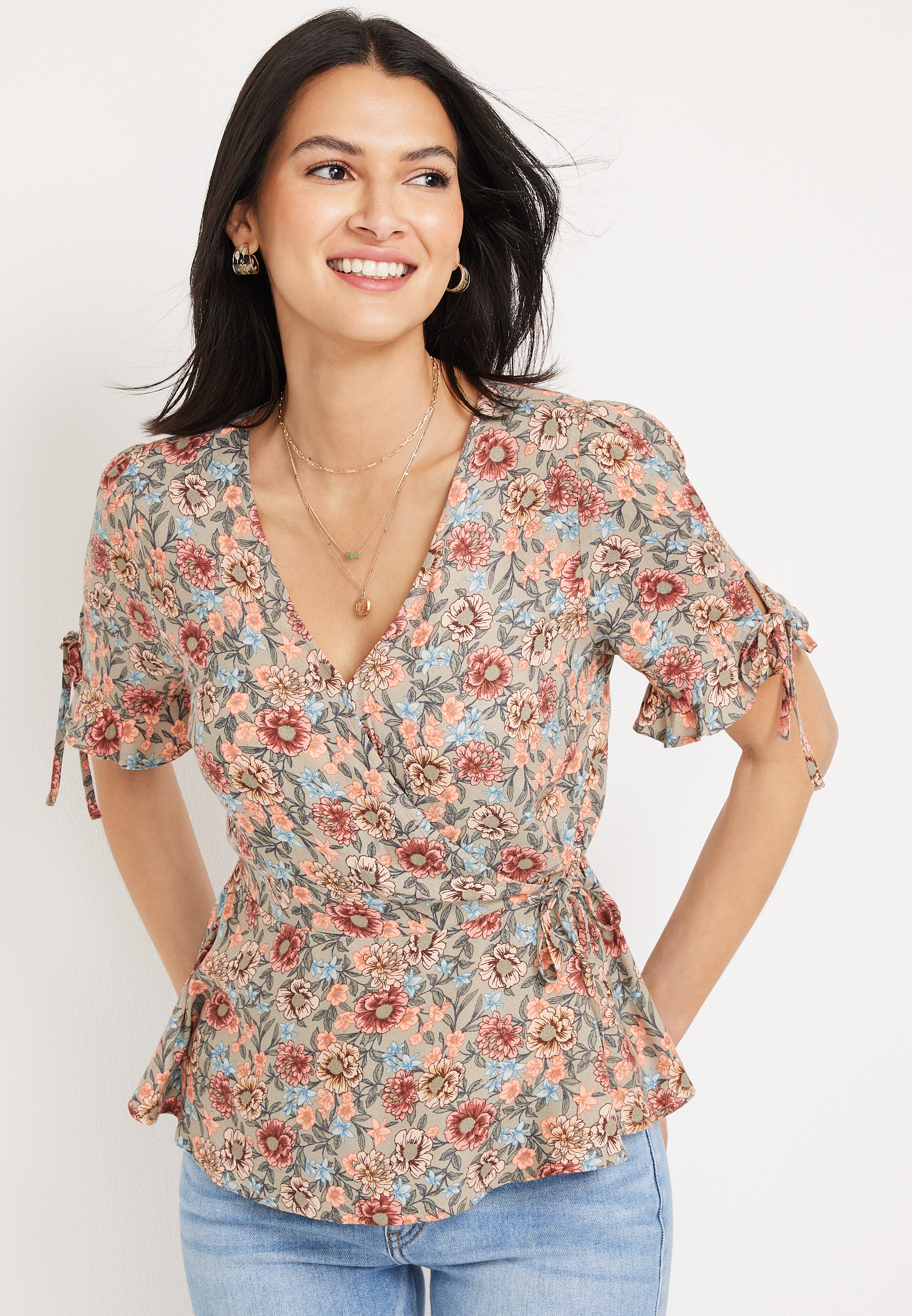 Floral Wrap Tie Peplum Top | maurices