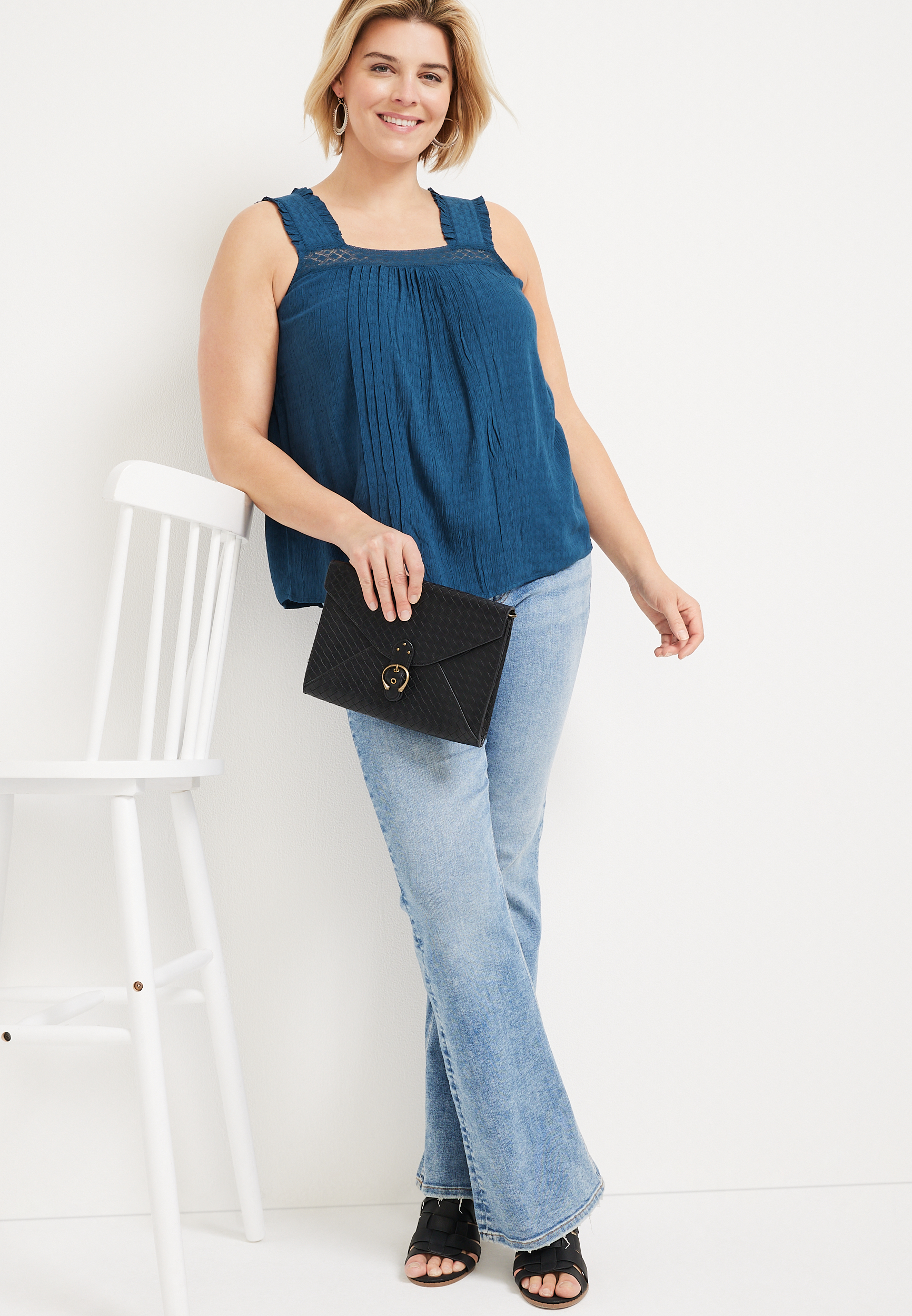 Plus Size Lace Trim Square Neck Top, C1919, large