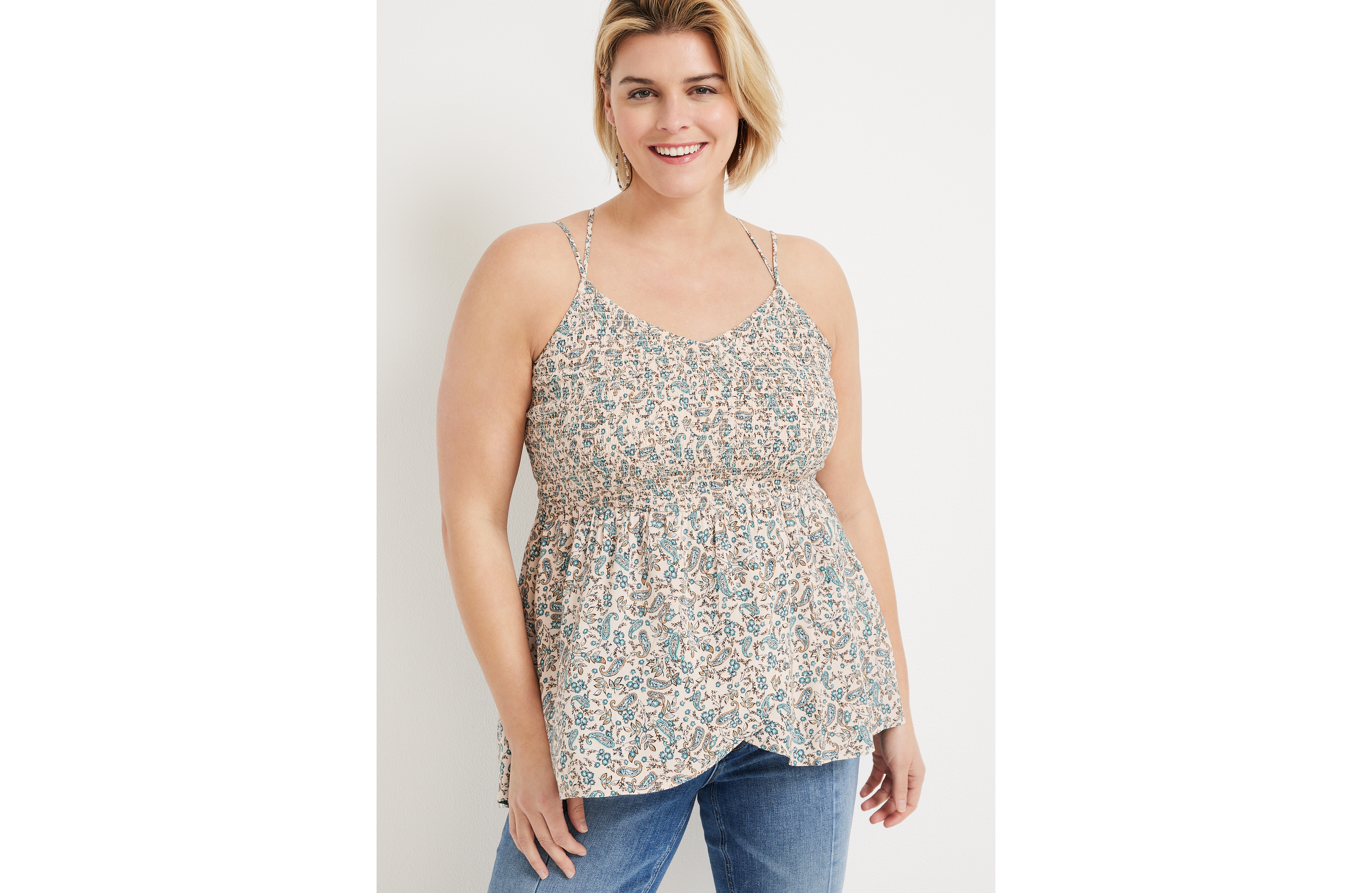 Plus Size Paisley Smocked Strappy Back Cami
