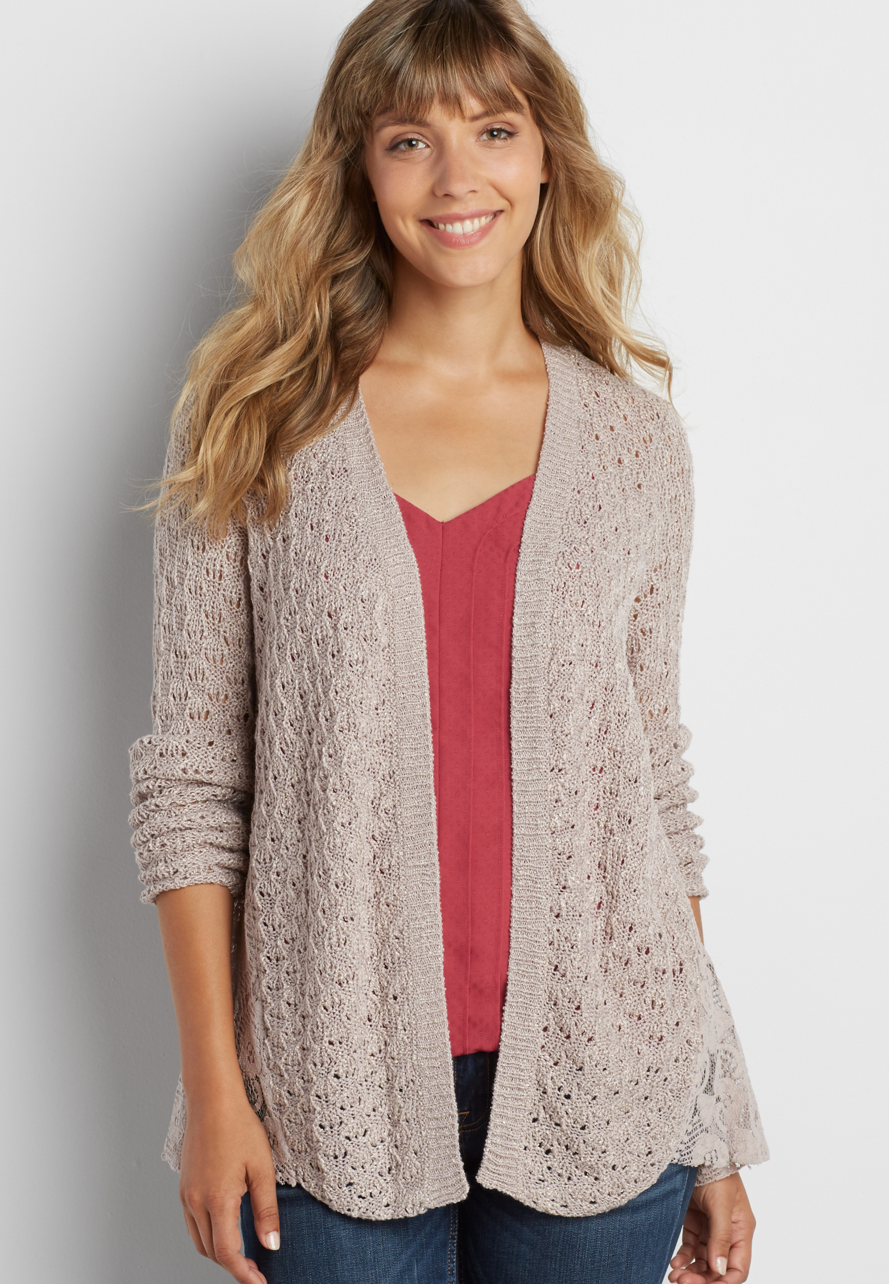 pointelle stitch cardigan with lace sides | maurices