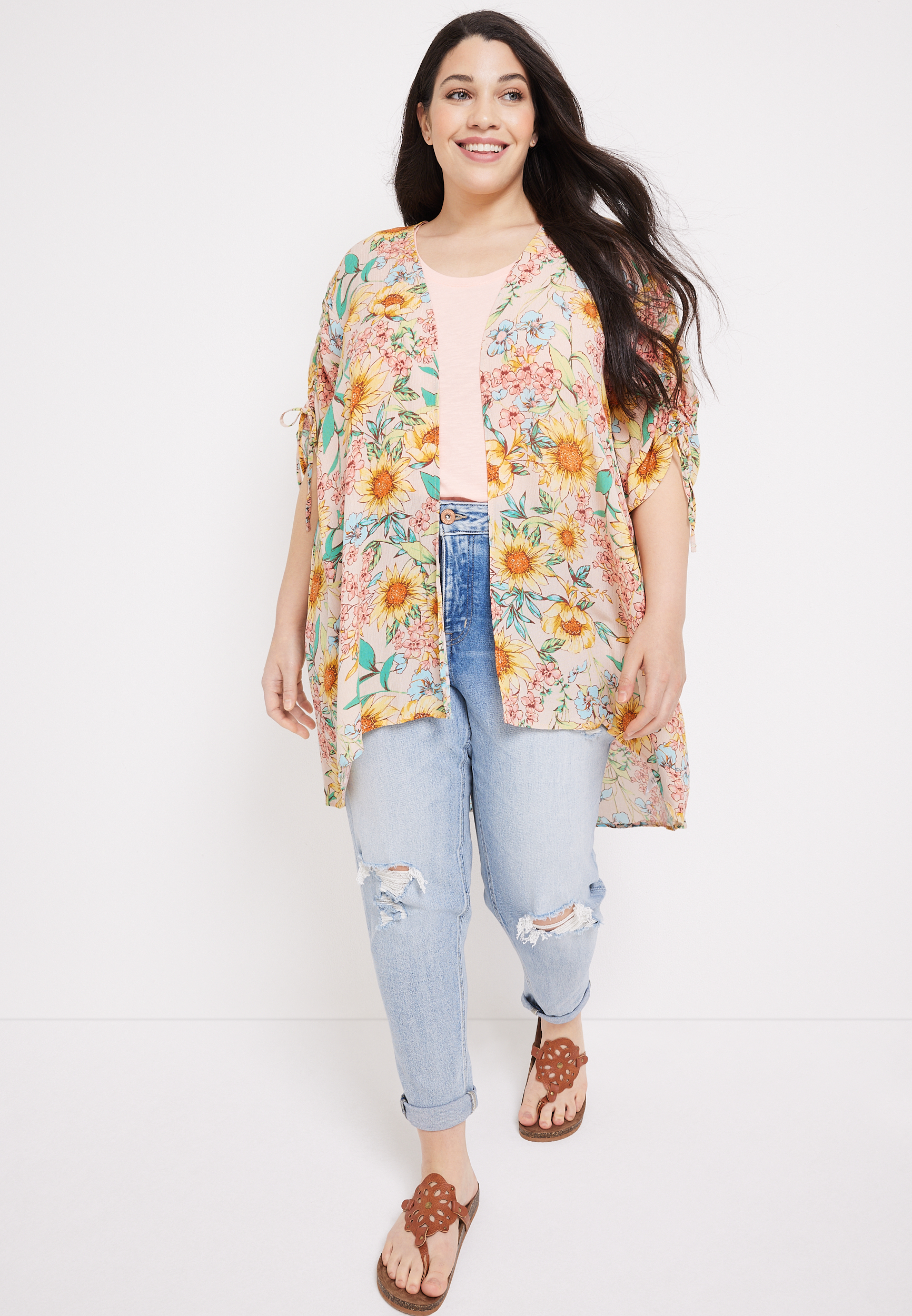 Plus Size Floral Cinched Sleeve Kimono