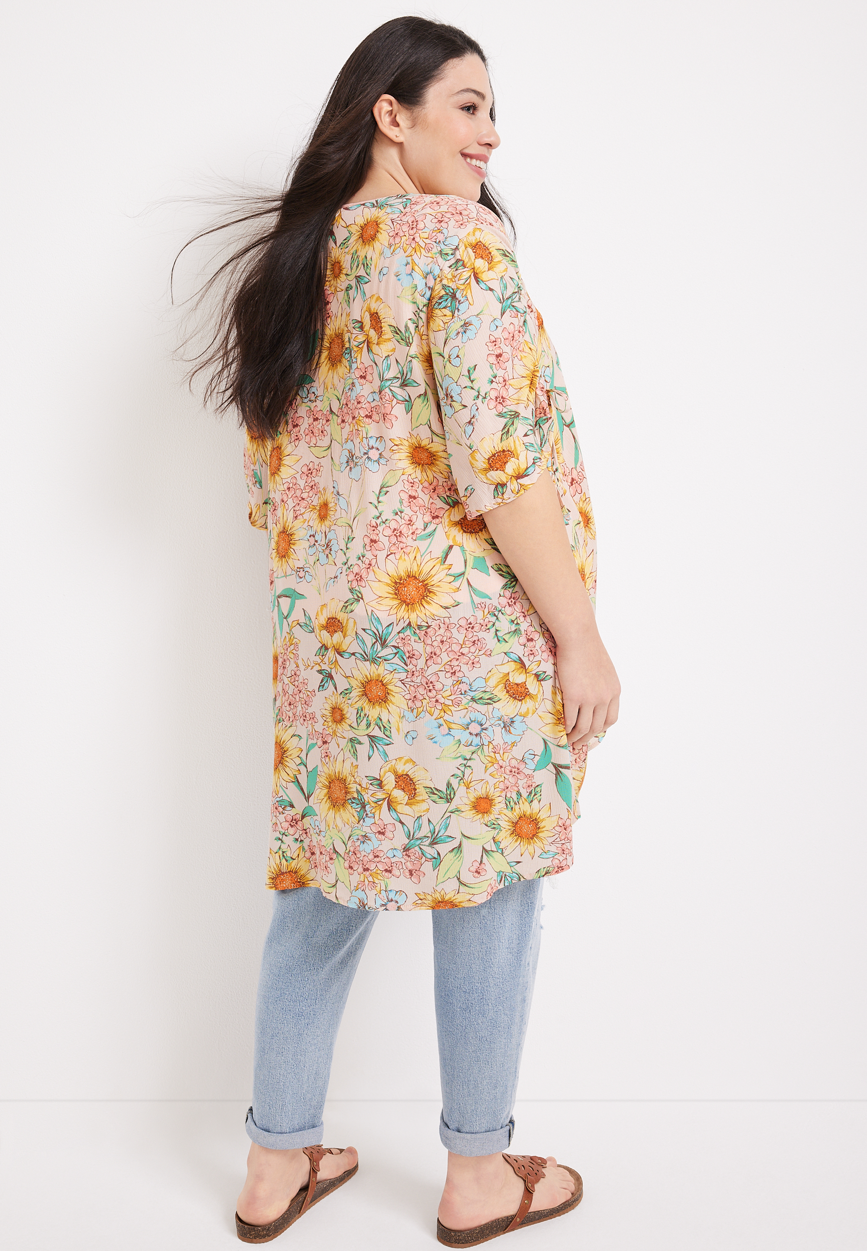 Plus Size Floral Cinched Sleeve Kimono, C3368, large