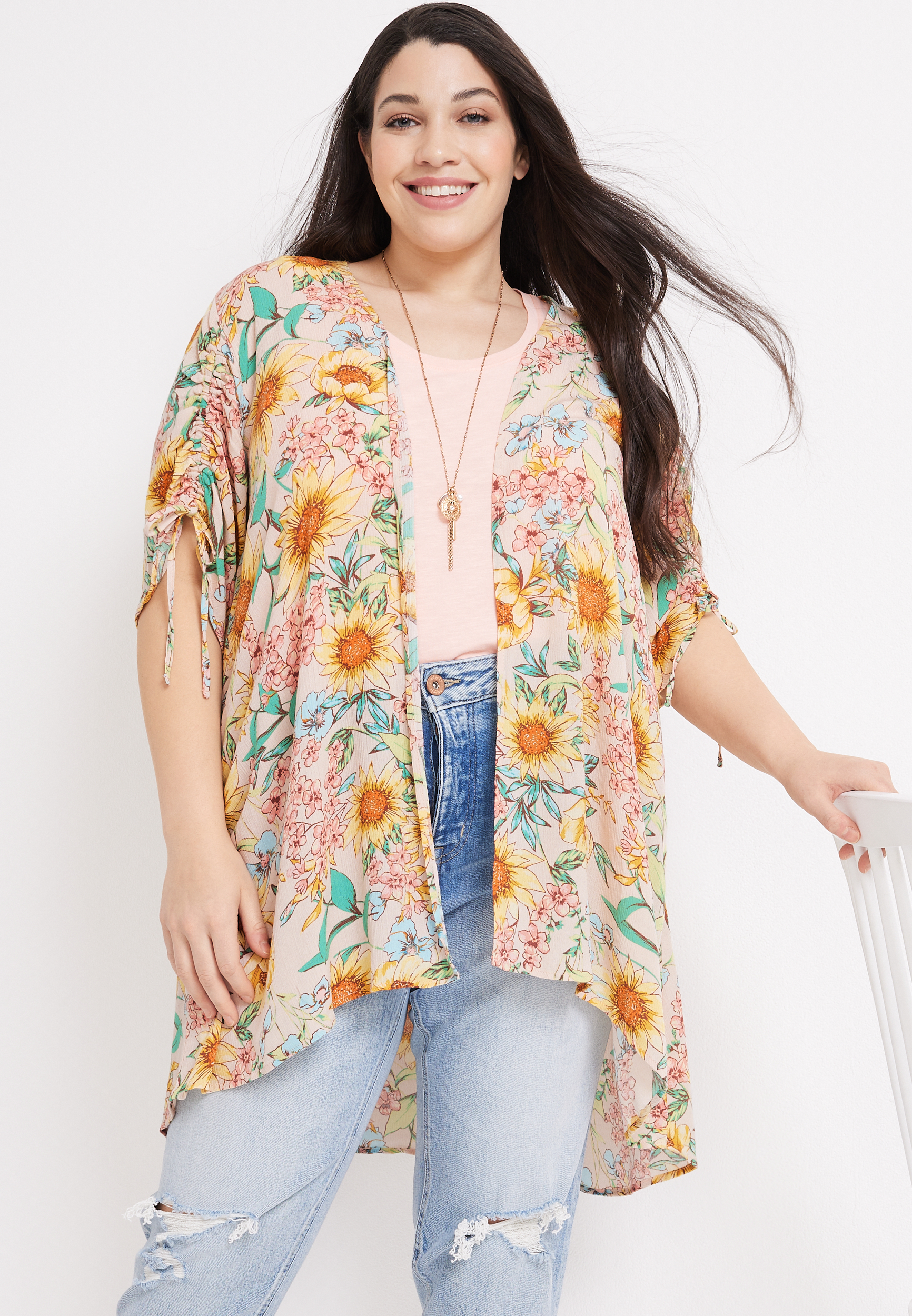 Plus Size Floral Cinched Sleeve Kimono, C3368, large