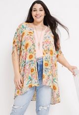 Plus Size Floral Cinched Sleeve Kimono, C3368, small