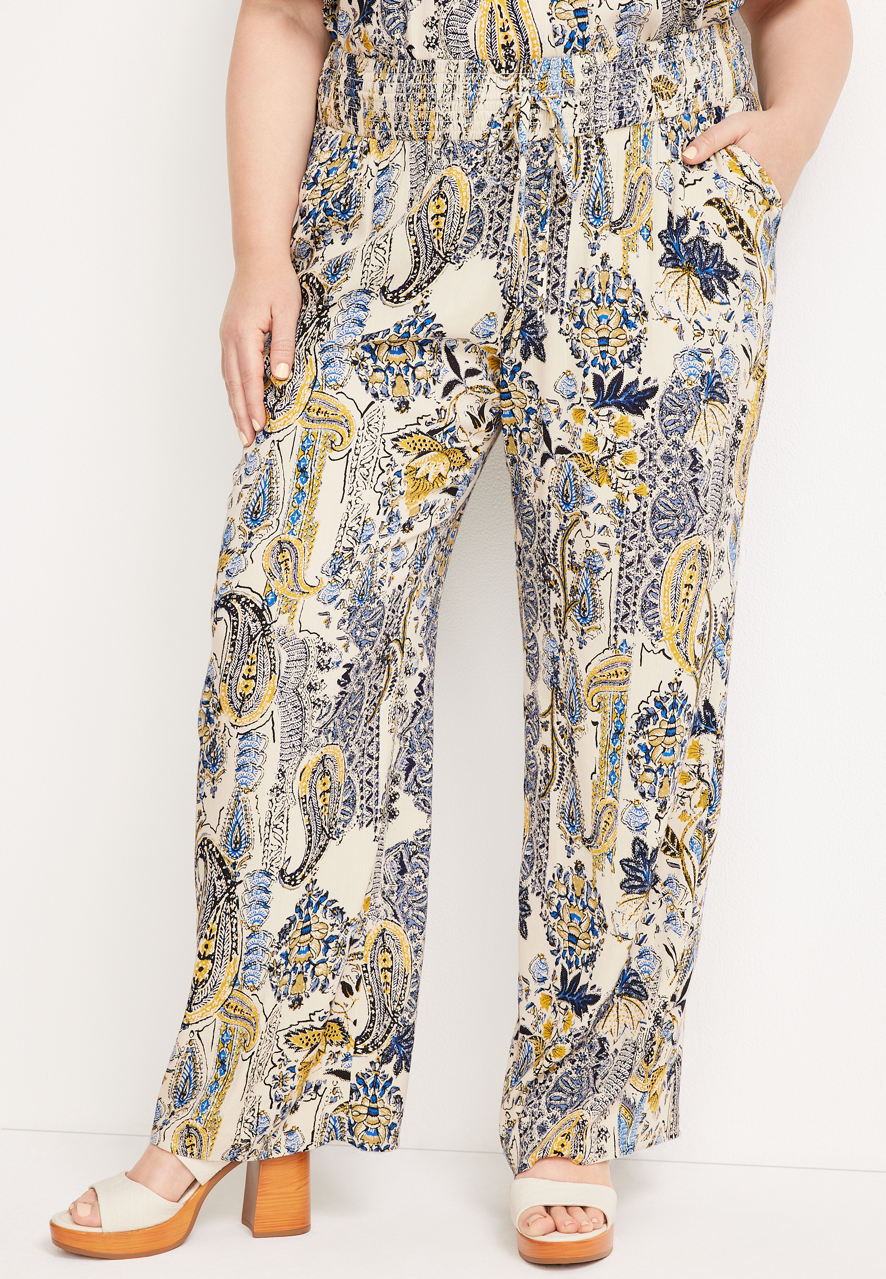 Plus Size High Rise Multi Print Wide Leg Pant, NAVY COMBO, large