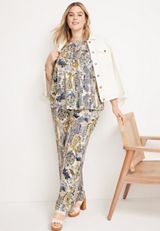 Plus Size High Rise Multi Print Wide Leg Pant, NAVY COMBO, small