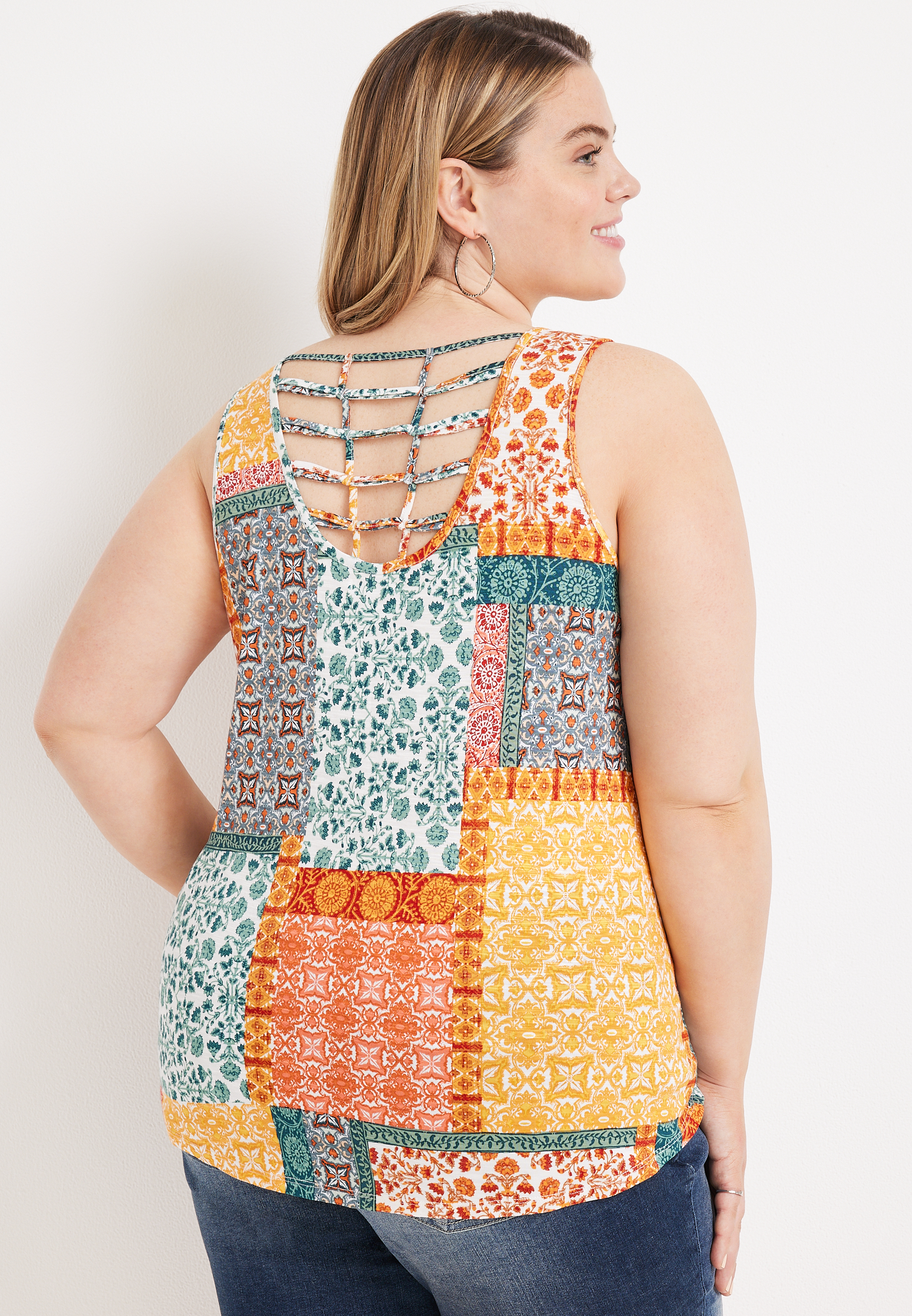 Plus Size Coastline Patchwork Lattice Back Tank, C1524, large