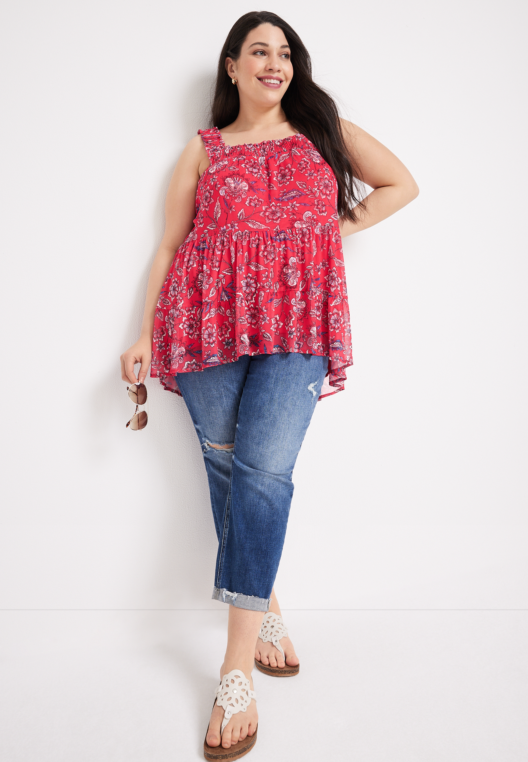 Pre-Order Multicolour Plus Size Floral Smocked Cuffs V-Neck Blouse