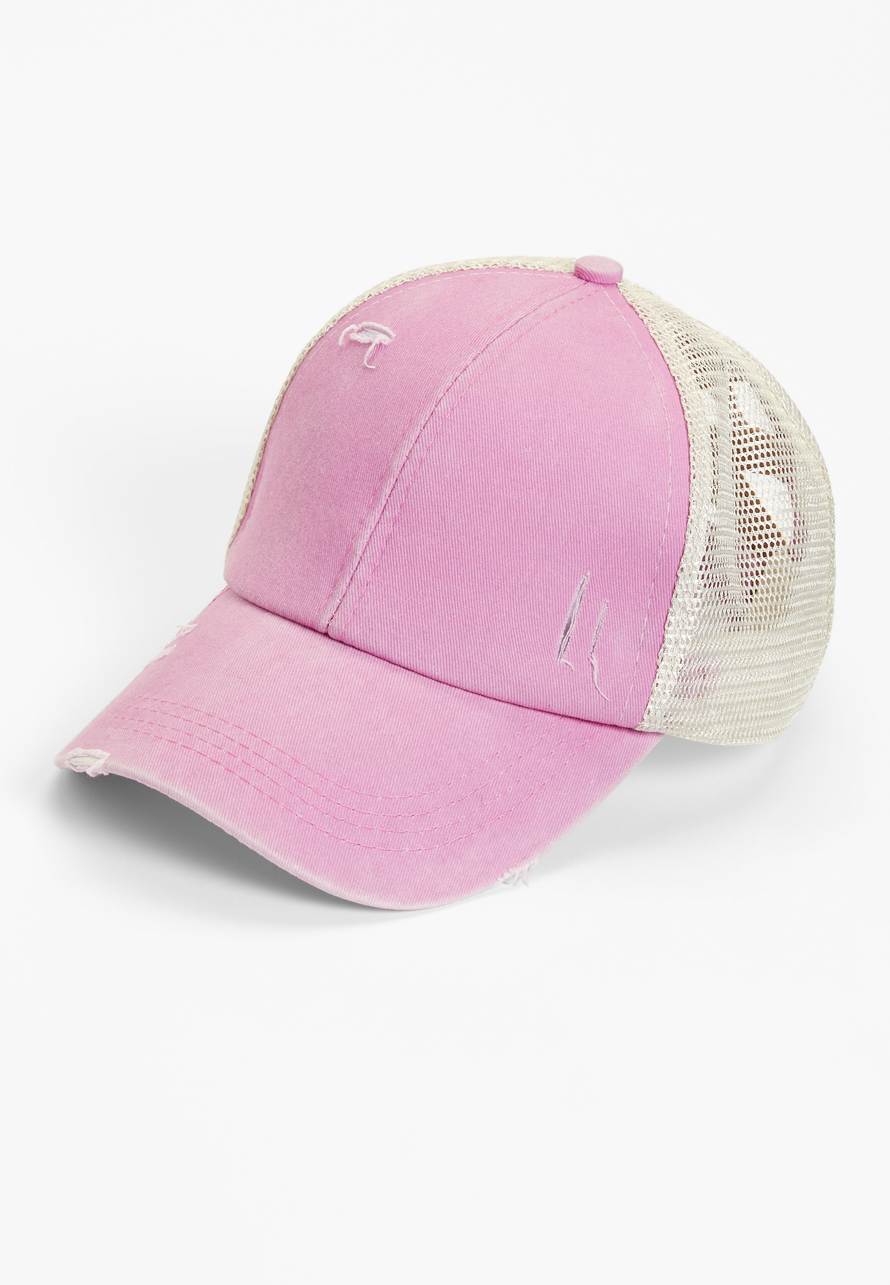 Criss Cross Ponytail Pink Denim Baseball Hat | maurices