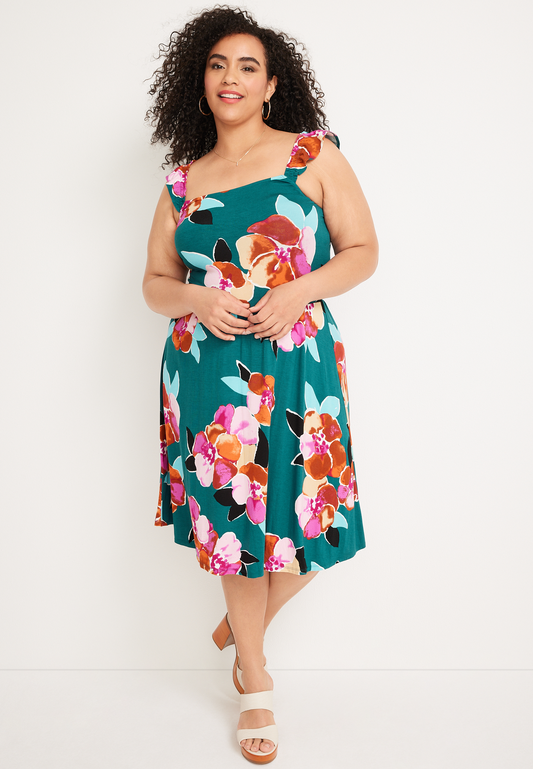 Plus Size 24/7 Floral Ruffle Strap Midi Dress | maurices