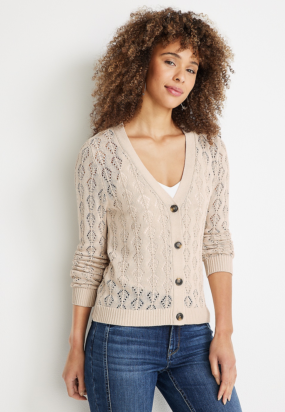 Cream Pointelle Button-Front Sweater Knit Cardigan