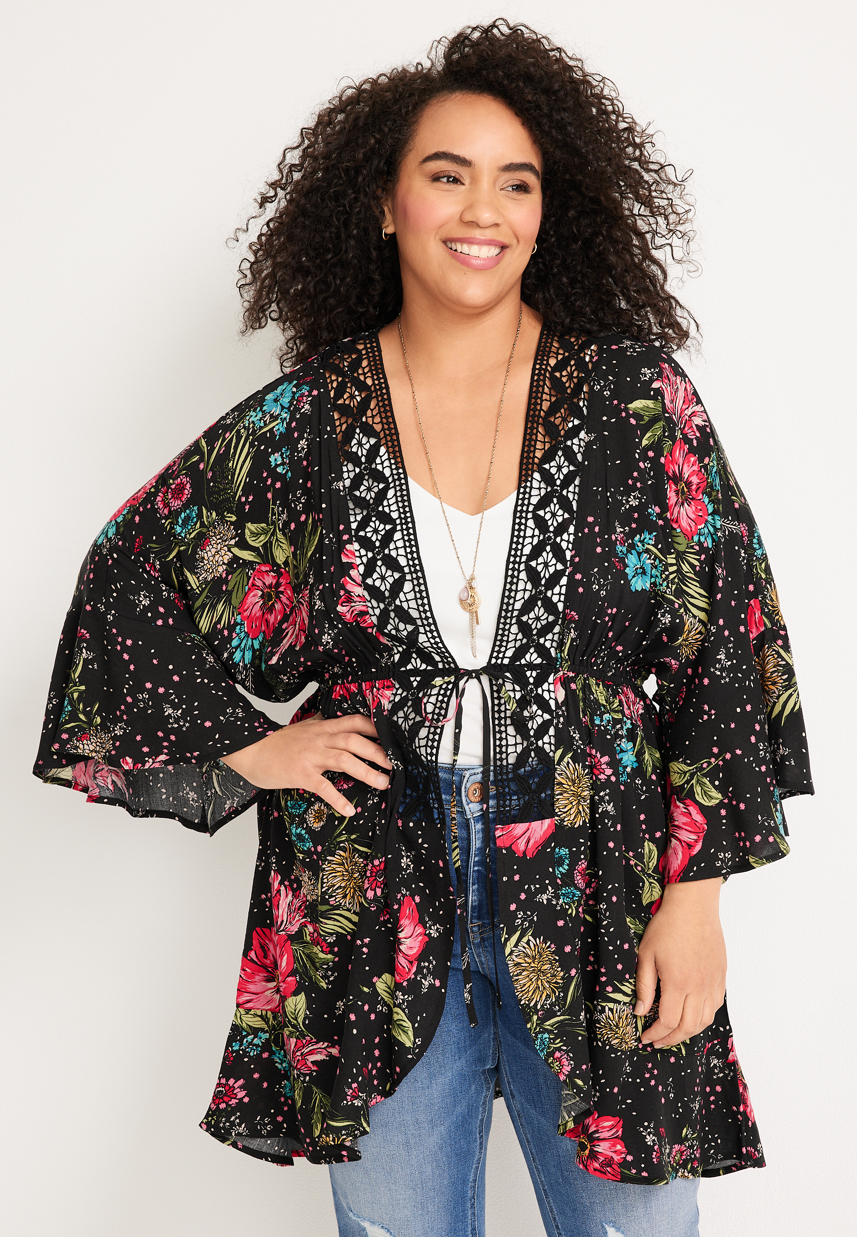 Plus Size Floral Crochet Trim Kimono