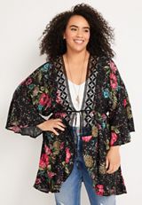 Plus Size Floral Crochet Trim Kimono, C1756, small