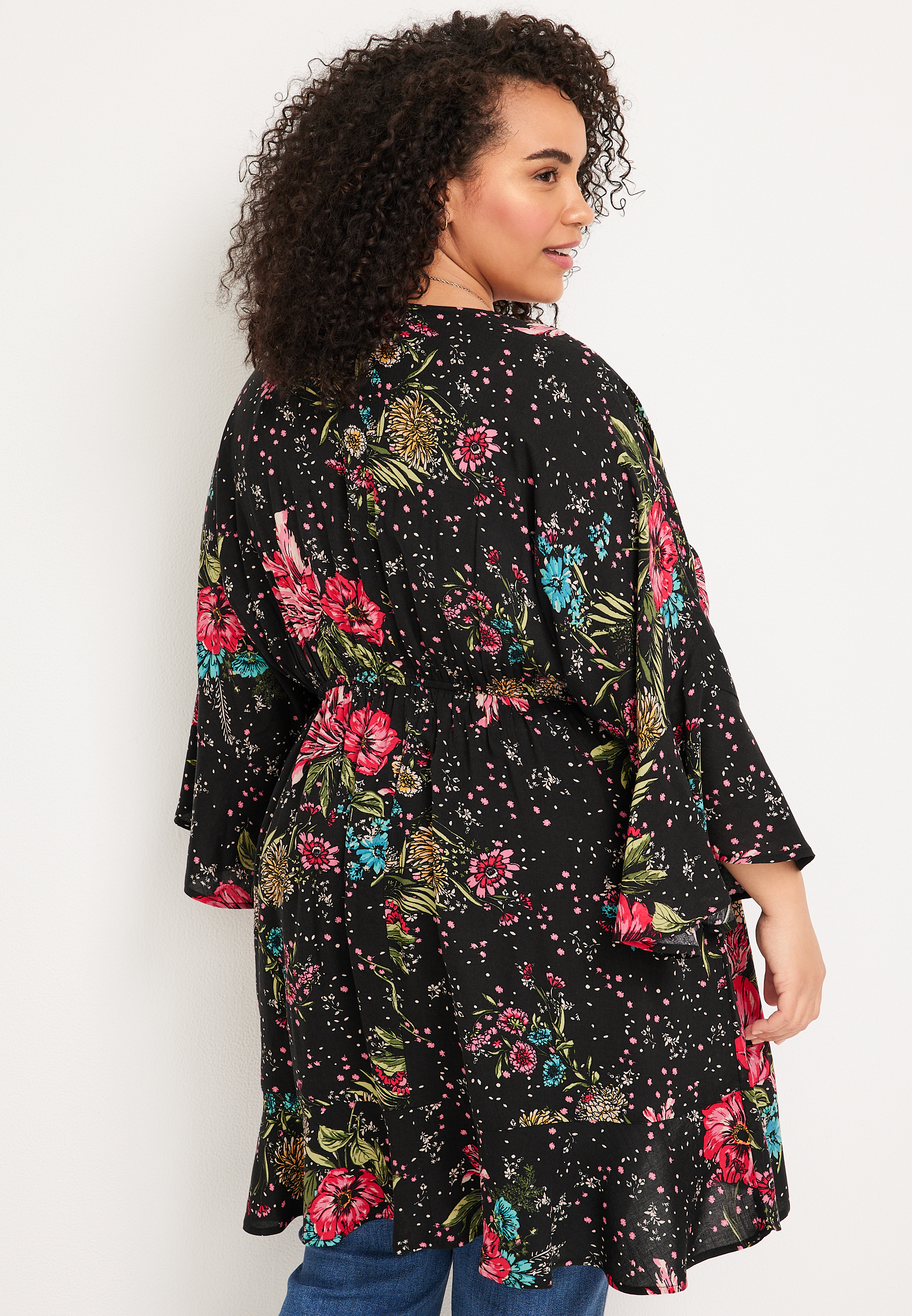 Plus Size Floral Crochet Trim Kimono, C1756, large