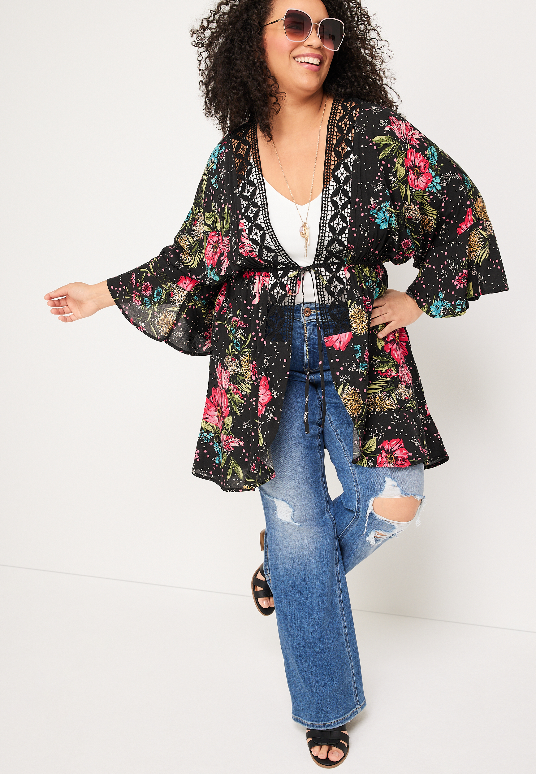 Plus Size Floral Crochet Trim Kimono, C1756, large