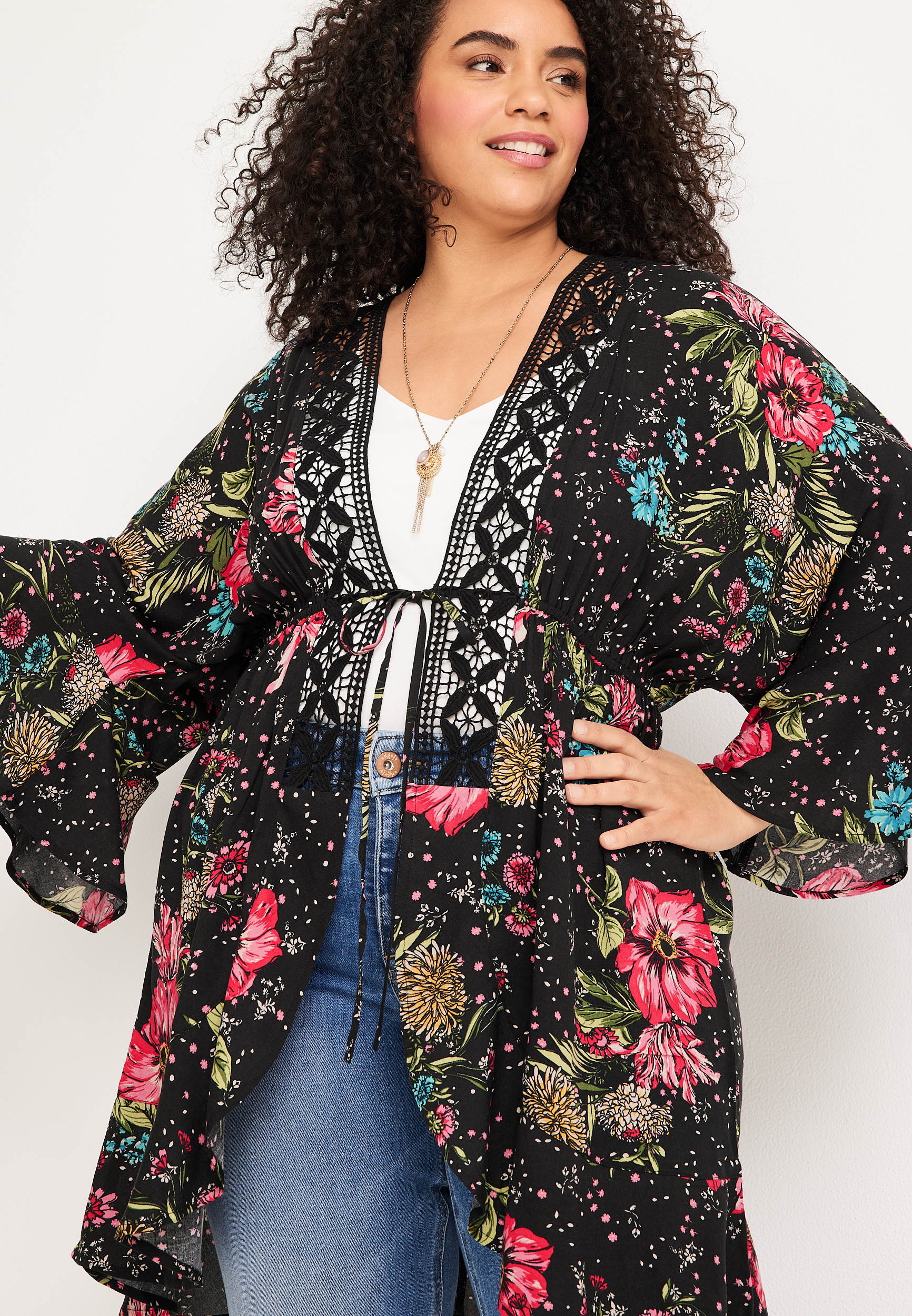 Plus Size Floral Crochet Trim Kimono, C1756, large