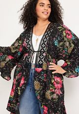 Plus Size Floral Crochet Trim Kimono, C1756, small