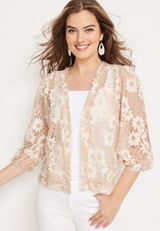 Floral Lace Cropped Kimono, NATURAL, small