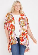 Plus Size Poppy Floral Cinched Sleeve Kimono, C2380, small
