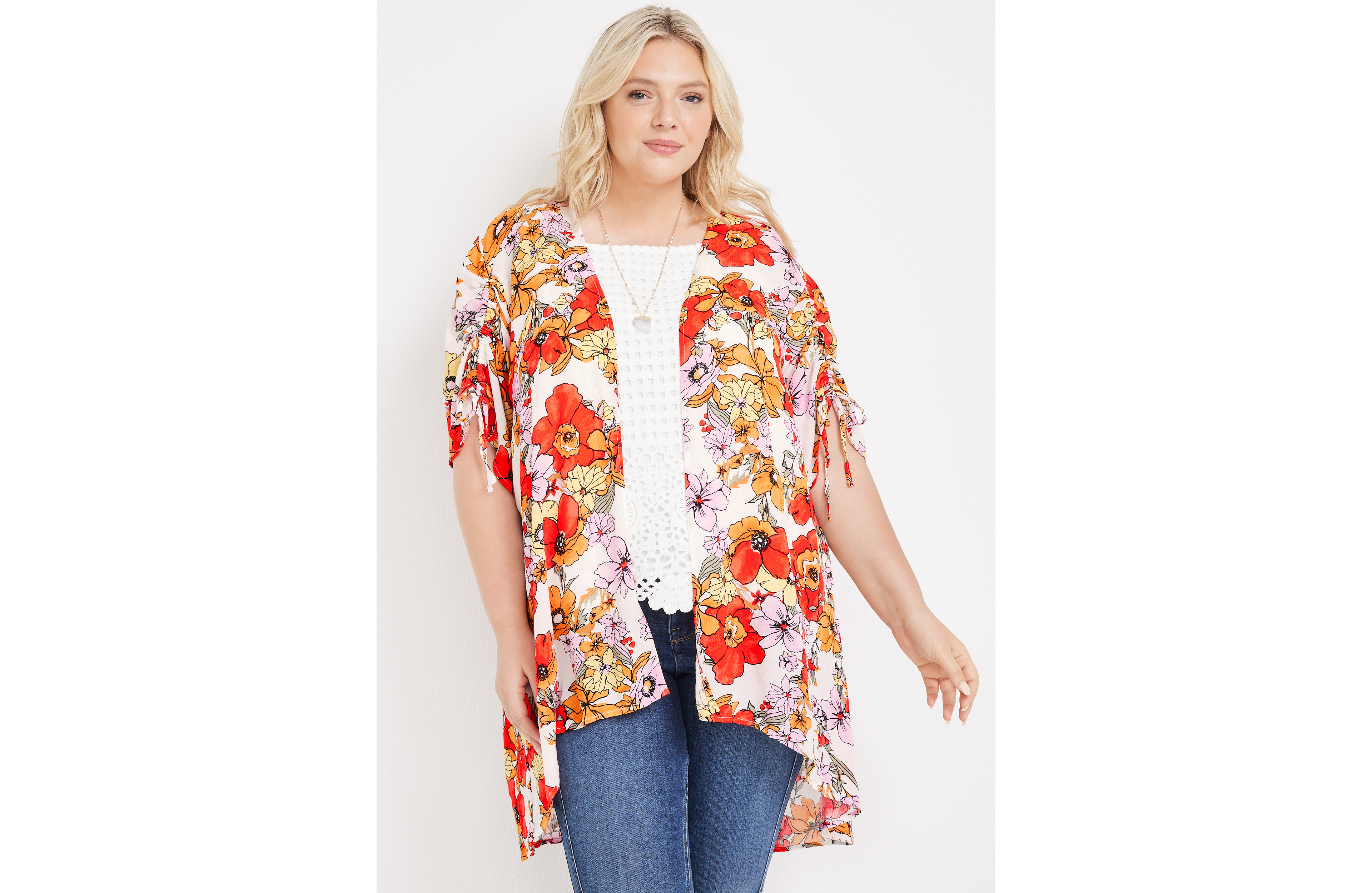 Plus Size Poppy Floral Cinched Sleeve Kimono