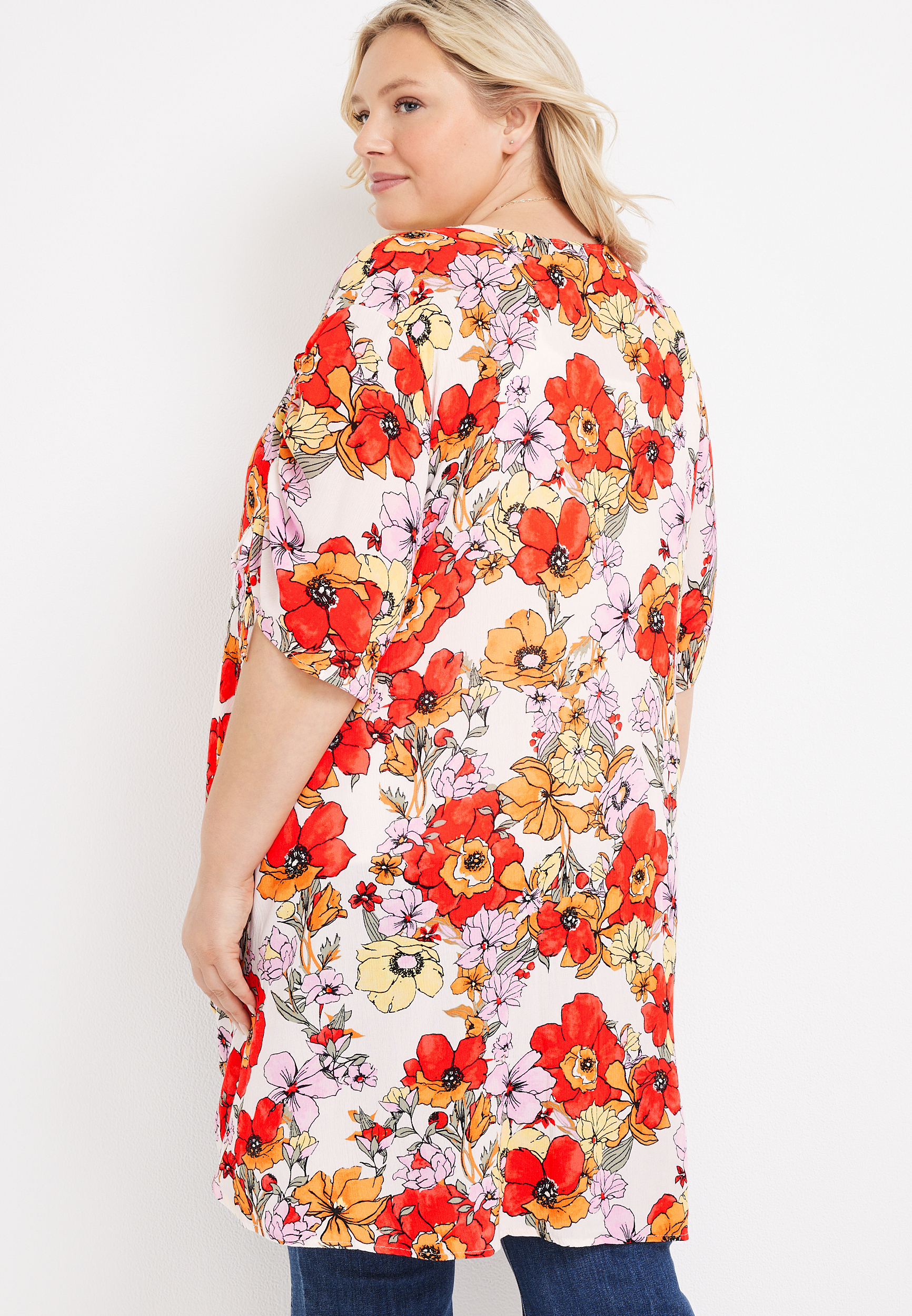 Plus Size Poppy Floral Cinched Sleeve Kimono, C2380, large