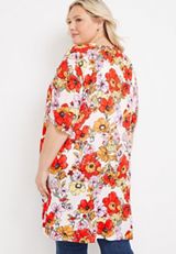 Plus Size Poppy Floral Cinched Sleeve Kimono, C2380, small