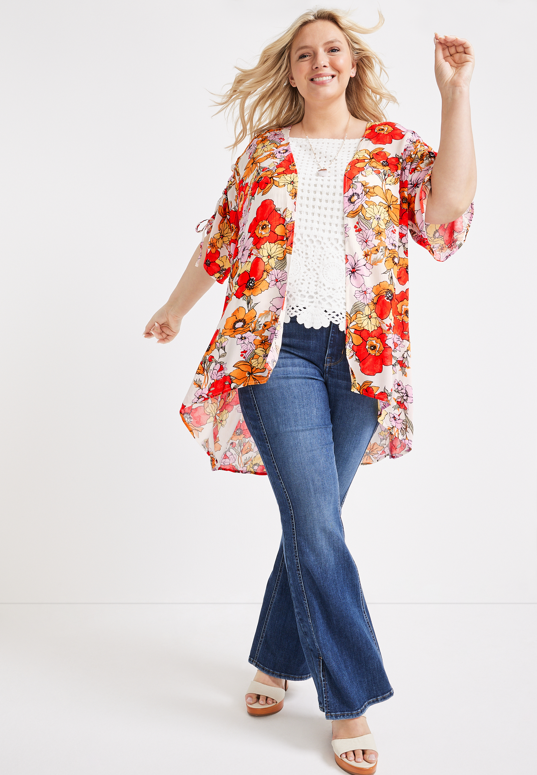 Plus Size Poppy Floral Cinched Sleeve Kimono, C2380, large