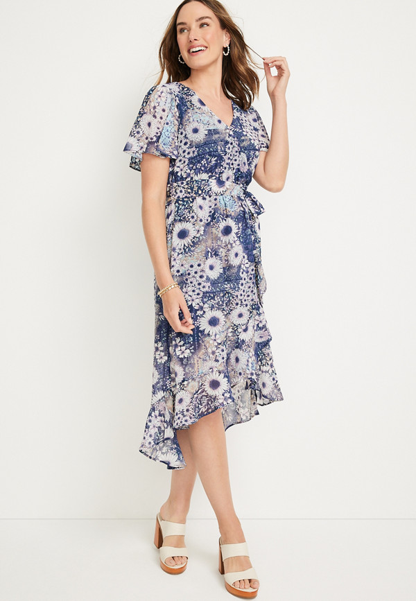 Blue Floral Wrap Midi Dress | maurices