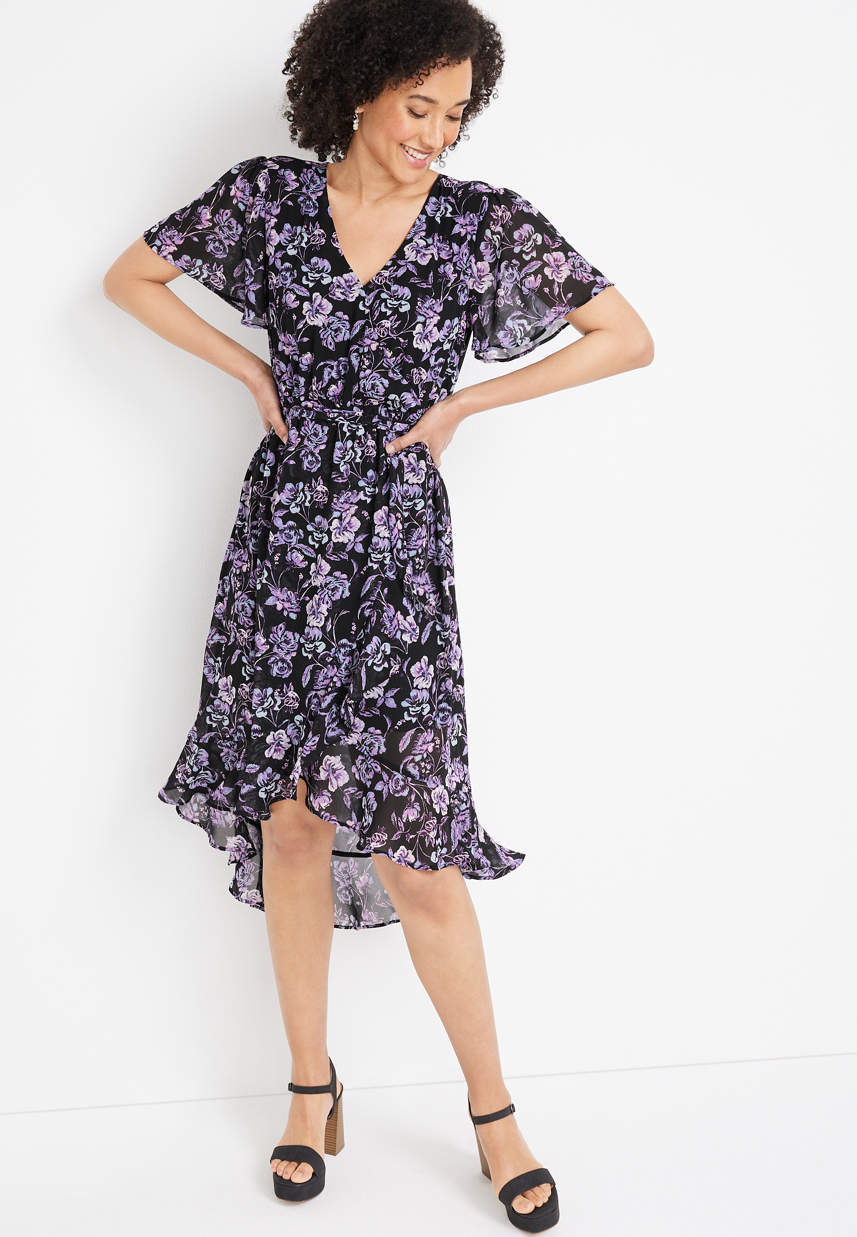 Black Floral Wrap Midi Dress